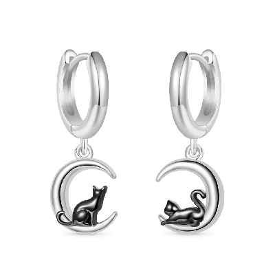 Black Cat Moon Hoop Earrings